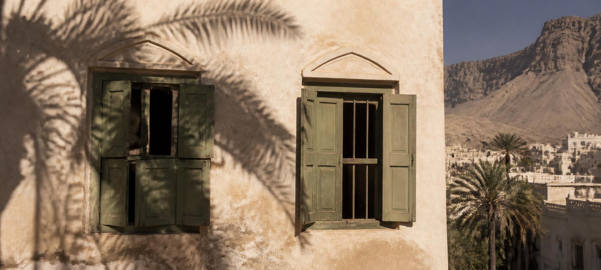 Weathered green shutters and palms against a sunlit Tarim plaster wall